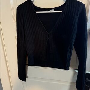 Black Ribbed Long Sleeve Button-Front Top